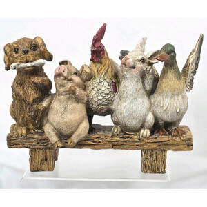 Sculpture Dog Pig Rooster Rabbit Whimsical Farm Animal Friends On Bench Resin